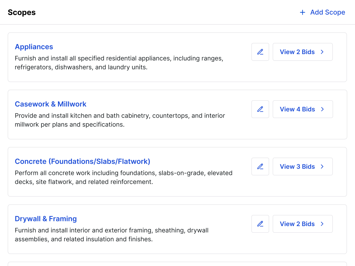 A screenshot showing the scopes section from the bid package overview tab in Constructable's Bid Management feature. Many scopes have been defined within the same bid package, and the screenshot shows a table view of the scopes, with their name, description, and number of bids received for each scope so far. The screenshot also shows a button to add a new scope, and a button to edit the scope. Scopes can be defined with detailed descriptions, inclusions, and exclusions, and multiple scopes can be assigned to each bidder so that bid managers can receive separate bid amounts for each scope if desired.