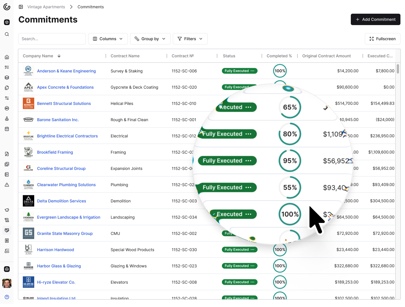 A screenshot of the Commitments Index page in Constructable