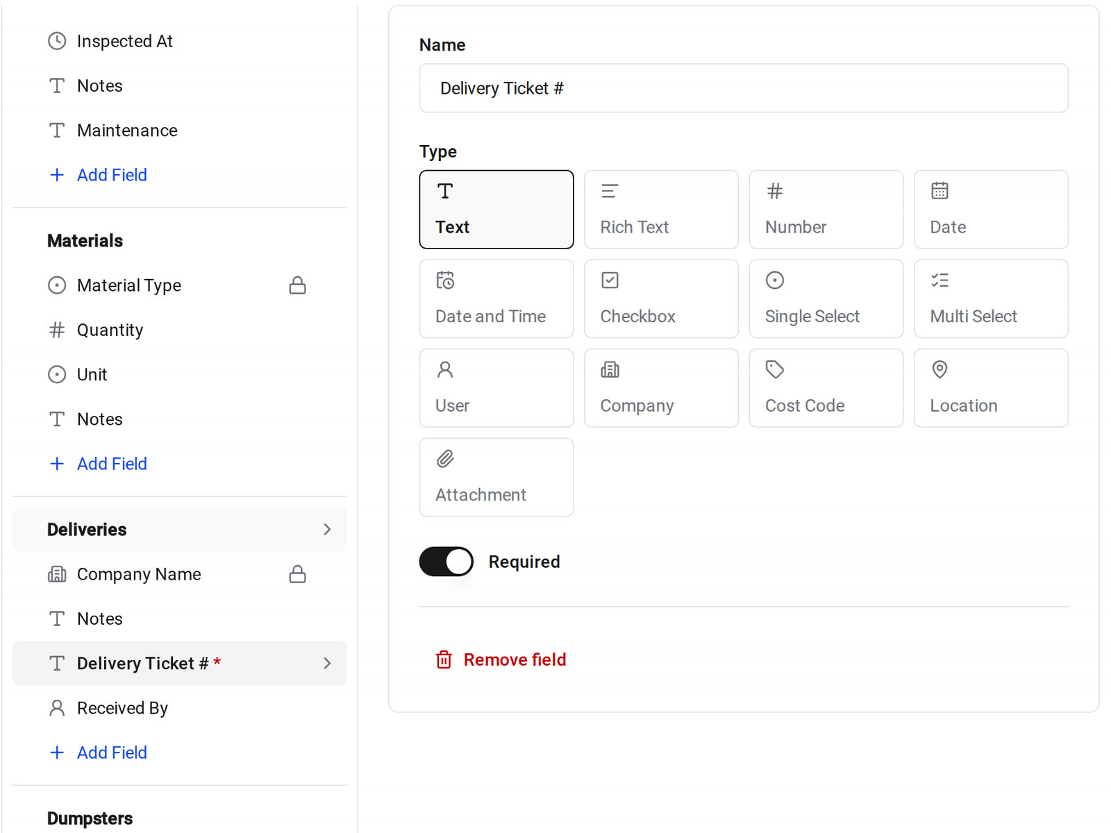 Daily Log Settings for a project in Constructable, with a required Delivery Ticket # field added to the Deliveries section