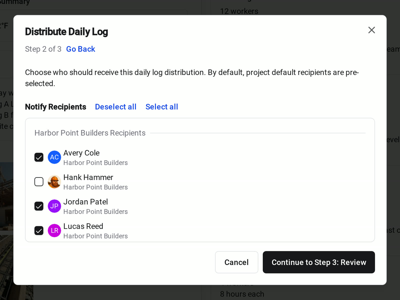 Step 2 of the Distribute Daily Log dialog in Constructable, with project team members selected to receive the day's log