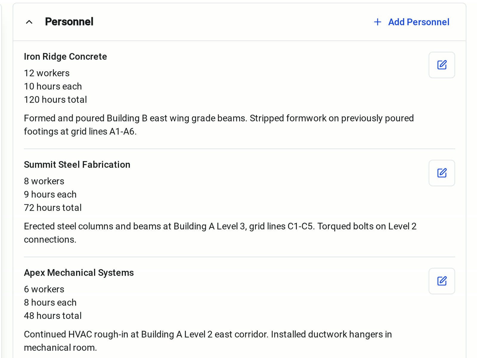 The Personnel section of a Constructable daily log listing each subcontractor's workers, hours, and notes for the day