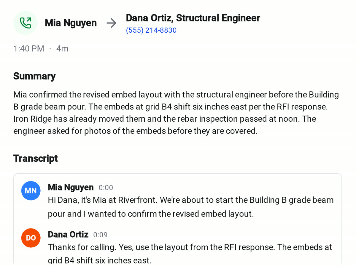 A phone call on a Constructable daily log with its AI summary and searchable transcript