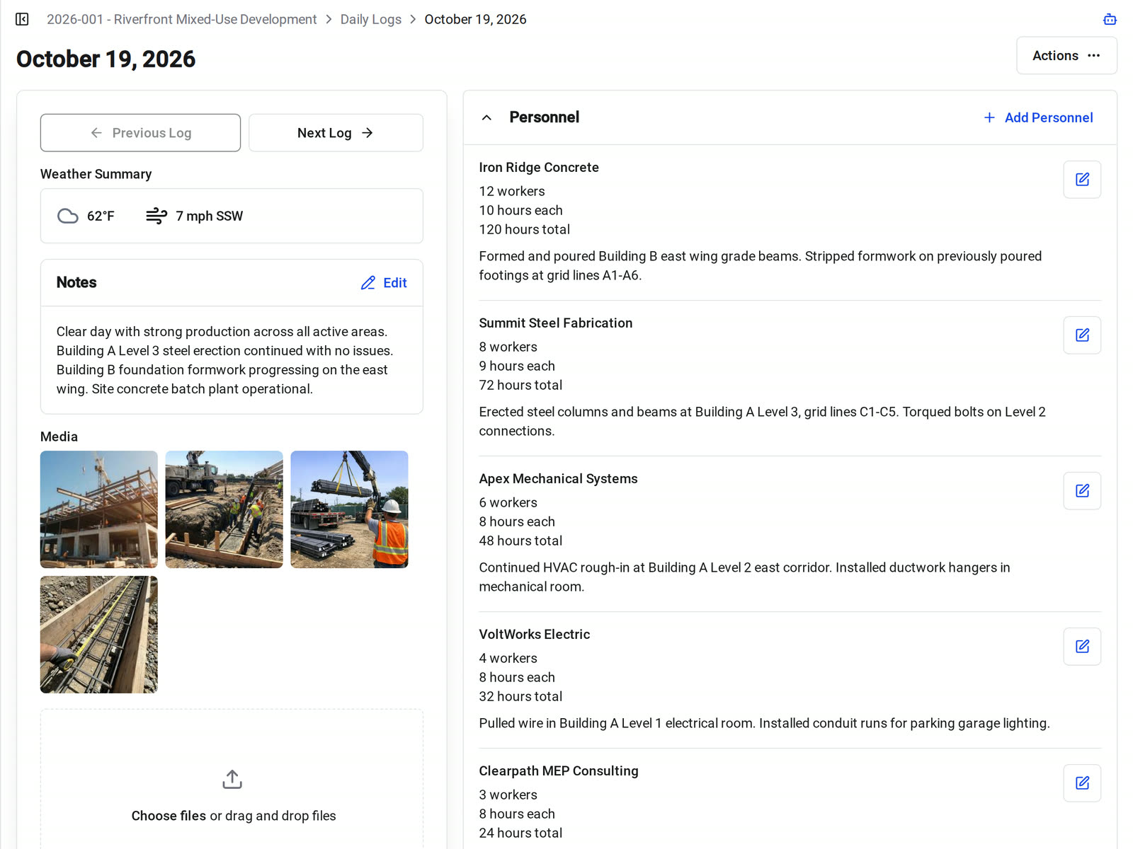 A daily log in Constructable with the day's notes, site photos, subcontractor crews, and employee time cards