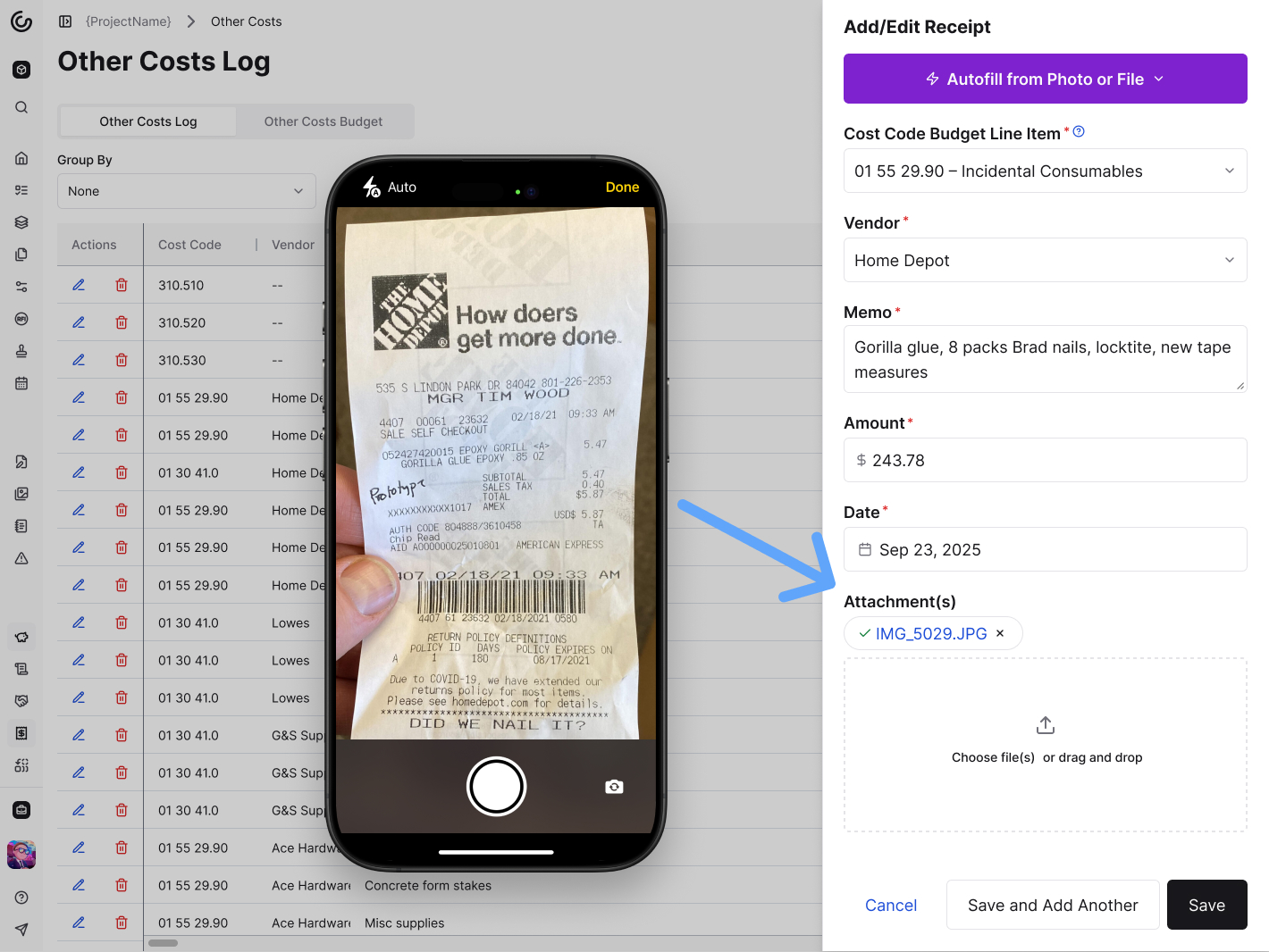 An image showing that Constructable allows users to log receipts as direct costs by taking a photo of the receipt with their smartphone camera, and then automatically adding the cost to the project's budget.