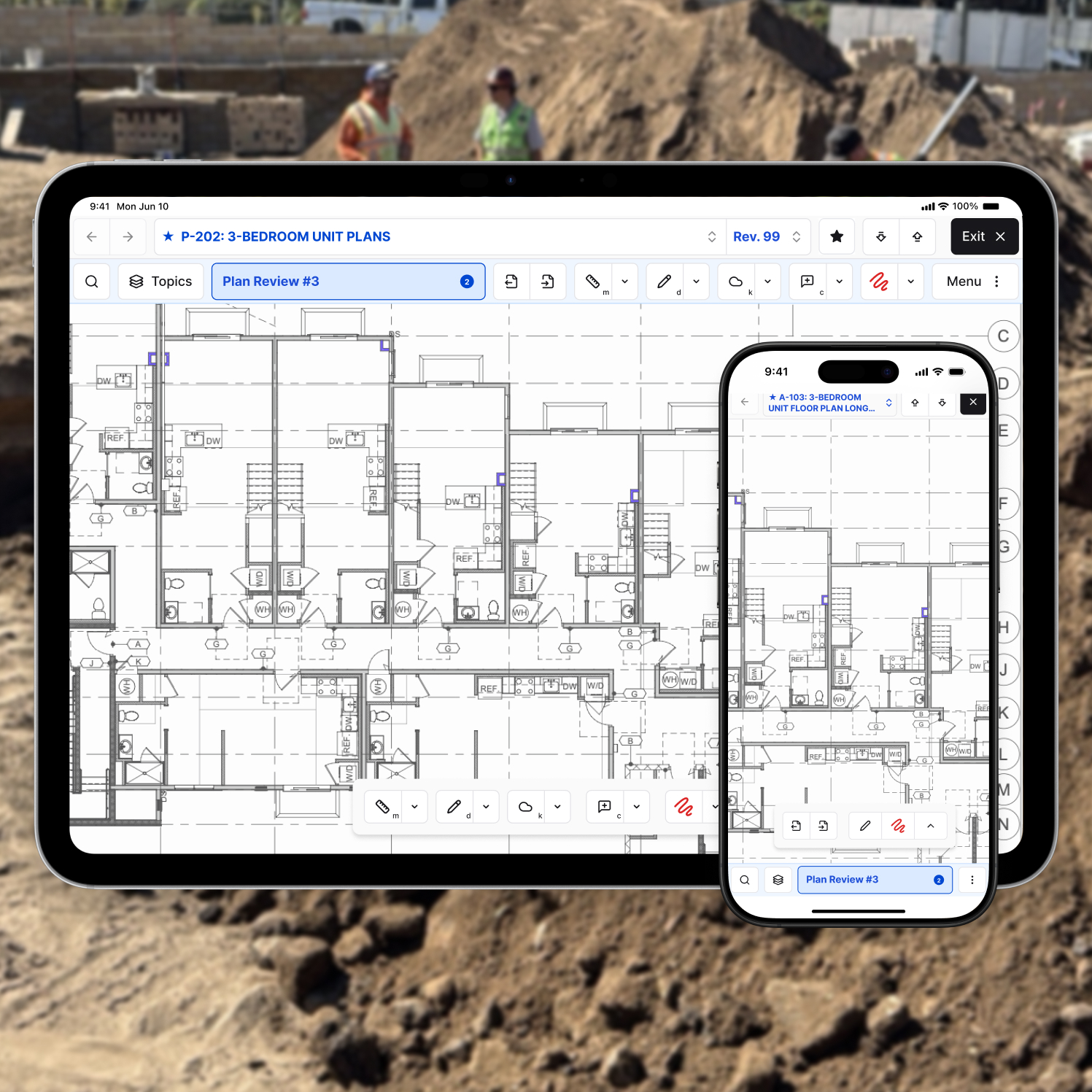 A photo showing Constructable's drawing viewer in use at a construction site, showing the feature on both a tablet and a smartphone, where users can view and interact with drawing sheets on their mobile devices, making it easy to view and annotate plans while working on the job site.