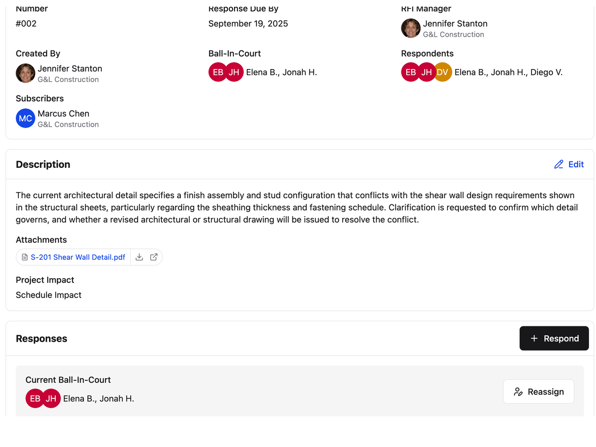 An open RFI in Constructable showing its manager, respondents, due date, and current ball-in-court