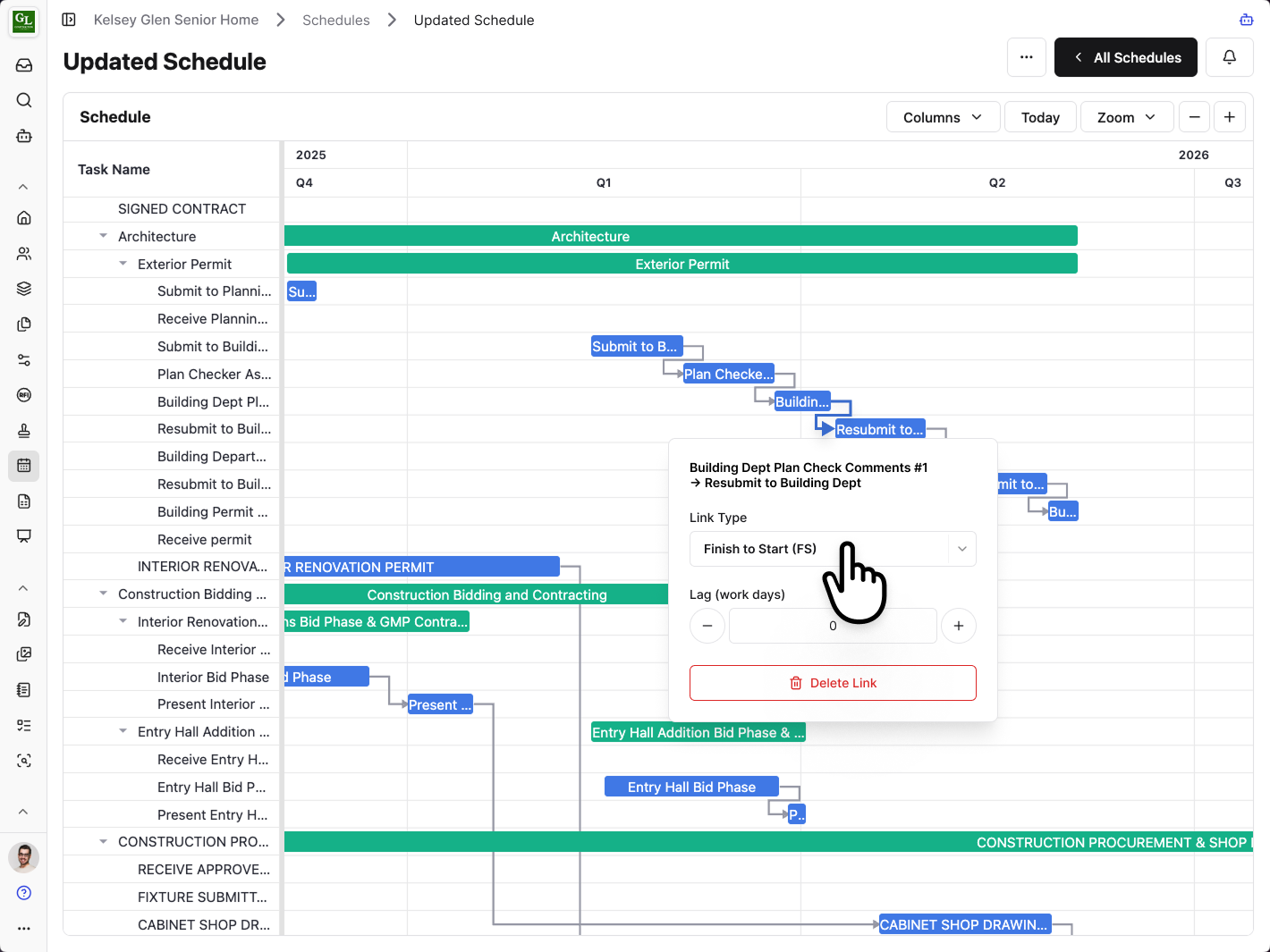 A Constructable schedule Gantt chart, with task bars across the project timeline and a dependency link open between two activities.